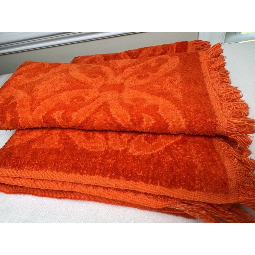 VTG JC Penney Textured Bath & Hand Towel Set Orange 70s MCM Sculpted